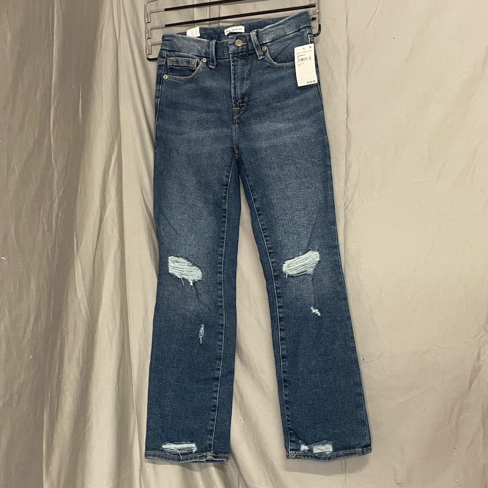 NWT Good American Mid-Rise Distressed Straight-Leg Jeans - Blue
